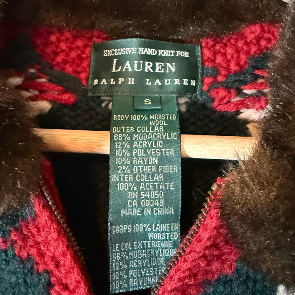 Ralph Lauren Vtg Sweater Cardigan Hand Knit Wool Green Red Holiday Fur Small - Picture 4 of 4
